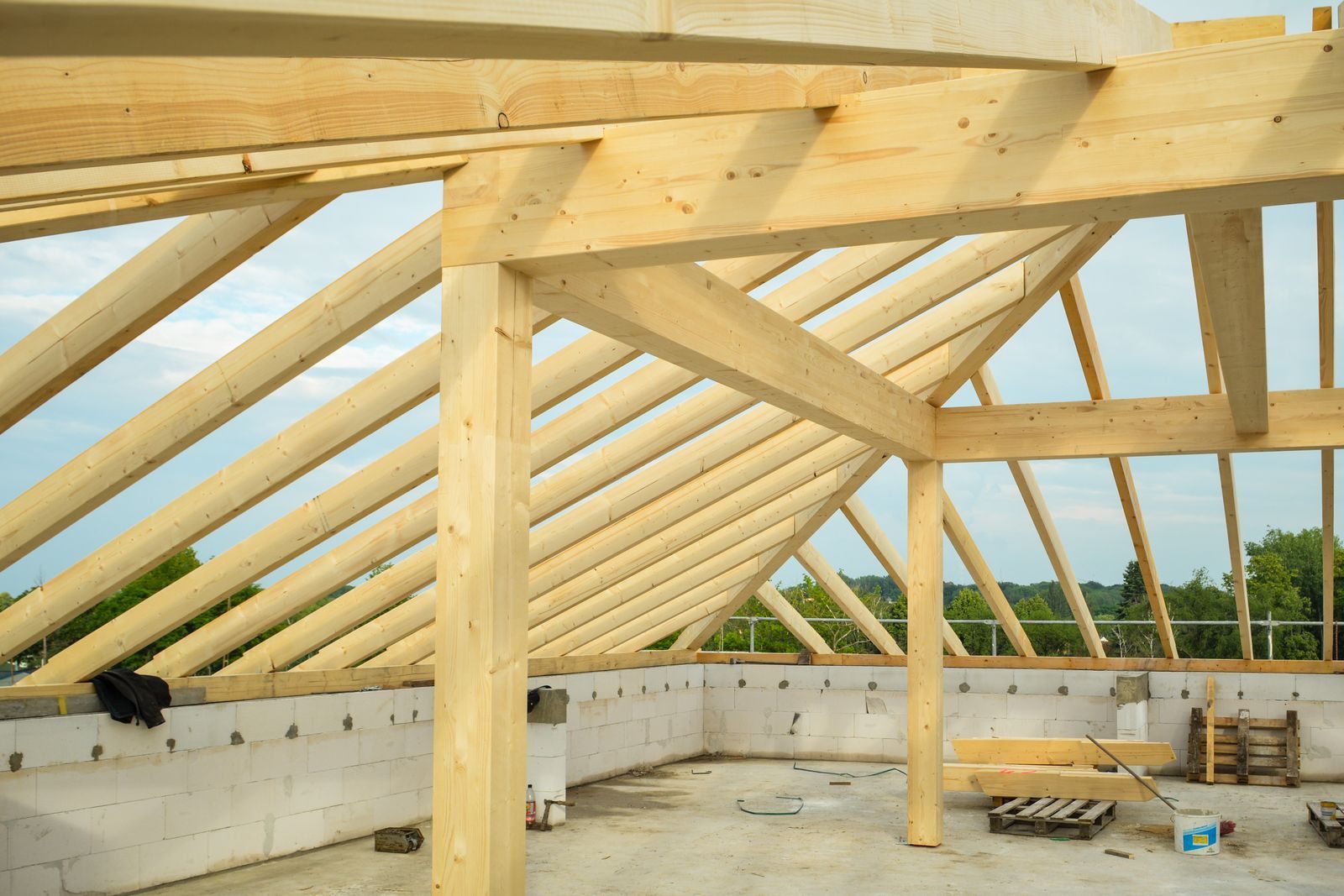 Belvedere Neighborhood carpentry services wooden trusses structure in an unfinished building highlighting construction progress.